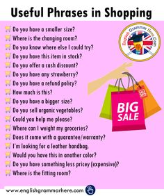 a pink poster with the words useful phrases in shopping