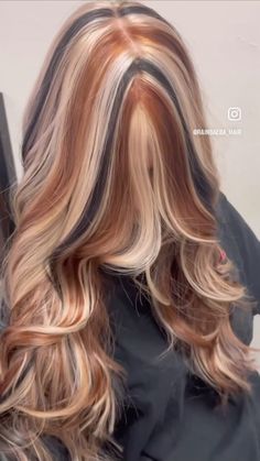 Bleach On Top Of Hair, Striped Colored Hair, Hair Dye Chunky Highlights, Brown Hair With High And Lowlights, Hair Dye Ideas For Gingers, Calico Hair Color Placement, Blonde With Pop Of Color, Half N Half Hair Color, Peak A Boo Hair Dye Ideas