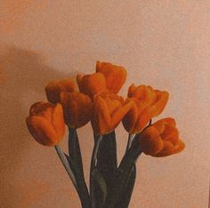 some orange tulips are in a vase on a table next to a wall