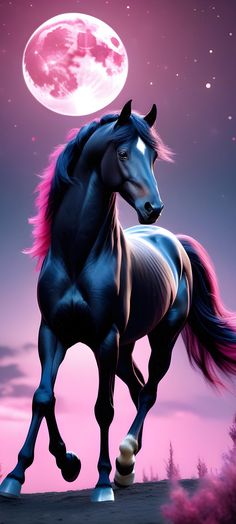 a black horse with pink mane running in front of a full moon and purple sky