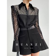 High end new casual black high waist A-line shorts -wonio – ORUMATORU Lace Button, A Line Shorts, Black High Waist, Looks Chic, Shoulder Shirts, Casual Black, Type Of Pants, Shirt For Women, Lapel Collar