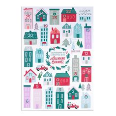 a christmas card with houses and trees on it