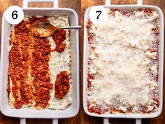 two pans filled with lasagna covered in sauce and parmesan cheese