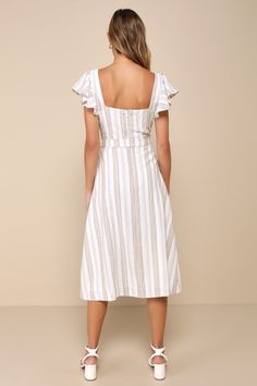 Spend your summer looking stunning in the Lulus Mediterranean Moves White Striped Flutter Sleeve Midi Dress! Lightweight woven linen-blend fabric, with a charming striped pattern throughout, shapes short flutter sleeves that frame a seamed bodice with a square neckline. Decorative button placket accents the front, crossing a fitted waist with a removable sash tie, and continues down to an A-line skirt with a midi hem. Hidden zipper/clasp at back. Fit: This garment fits true to size. Length: Mid- Summer Linen Midi Dress With Ruffles, Beach Linen Midi Dress With Ruffles, Striped Linen Dresses For Vacation, White Linen Beach Dress With Ruffles, Chic Vertical Stripes Midi Dress For Beach, Chic Beach Midi Dress With Vertical Stripes, White Linen Ruffled Beach Dress, Summer Midi Dress With Vertical Stripes, White Linen Ruffle Dress For Beach