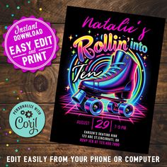 an image of roller skate party flyer with colorful lights and neon colors on the front