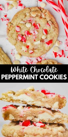 white chocolate peppermin cookies are stacked on top of each other