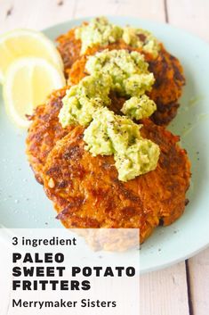 three ingredient paleo sweet potato fritters on a plate with lemon wedges