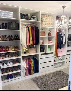 an organized closet with shoes, bags and handbags on the shelves in front of it