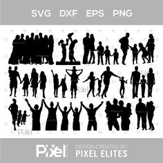 silhouettes of people and children in different poses, with the text svg dxf