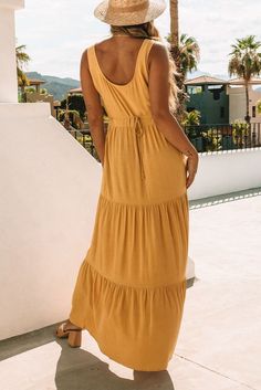 Yellow Sleeveless Ruched High Waist Maxi Dress Casual Drawstring Maxi Dress For The Beach, Casual Maxi Dress With Drawstring For Beach, Casual Beach Maxi Dress With Drawstring, Sleeveless Ruched Solid Maxi Dress, Sleeveless Ruched Maxi Dress, Sleeveless Tie Waist Summer Maxi Dress, Sleeveless Tie Waist Maxi Dress For Vacation, Sleeveless Maxi Dress With Tie Waist For Summer, Sleeveless Summer Maxi Dress With Tie Waist