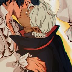 two people are kissing each other in front of an orange and yellow background with white hair