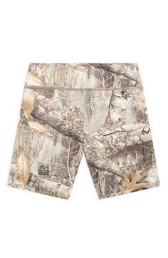 A tree-inspired camo print covers these stretchy and sporty bike shorts topped with a high waist. 7" inseam; 17" leg opening; 10 3/4" front rise; 14 1/2" back rise Pull-on style 81% polyamide, 19% elastane Machine wash, tumble dry Imported Moisture-wicking Stretch Biker Shorts For Outdoor, Outdoor Stretch Moisture-wicking Biker Shorts, Camouflage Cargo Shorts For Outdoor, Outdoor Camouflage Shorts, Stretch Biker Shorts For Outdoor, Casual Biker Shorts With Built-in Shorts For Outdoor, Casual Biker Shorts For Outdoor, Realtree Camo, Camo Print