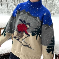 Rare Vintage 90s Lauren Ralph Lauren Hand Knit Wool Figural Ski / Skier Sweater. I Gasped When I Found This - Such A Vibrant Cobalt Blue Sky! It’s In Gorgeous Condition Too, Mock Neck Turtleneck Is Not Stretched Out. Someone Took Care Of This. Dry Clean Only. Tagged Women’s Size M Fits Nice And Oversize. Modeled On A S/M 34b 5’5”. Fits Me Comfy / Relaxed Fit. Unisex. Could Work For Up To A Women’s Xl Or A Men’s L I Think (Check Measurements). Tag Says Rn 54050 Ca 08349. There’s A Tiny Spot On One Cuff, Looks Like It Will Come Right Out With A Cleaning. No Smell. Super Warm - I’m Sensitive To Wool, So I Find This Itchy, Otherwise I’d Be Keeping It Forever. This Is A Collecto Ski Sweater Outfit, Vintage Ski Sweater, Ski Christmas, Mountain Sweater, Apres Ski Sweater, Winter Lodge, Cute Christmas Sweater, 90s Ralph Lauren, Winter Knit Sweater