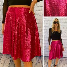 "This stunning circle skirt is the perfect addition to any wardrobe. With a glittering sequin design and a range of beautiful colors, this skirt is perfect for any occasion, from weddings and parties to casual days out. The skirt is made from high-quality materials and features an elastic waistband for maximum comfort and a perfect fit. The knee-length skirt is available in sizes small, medium, large, and X-large, and the solid pattern and accents of sequins make it a great choice for any season. Handmade in the United States, this skirt is a must-have for any fashionable woman. Whether you're looking for a holiday-themed outfit or a preppy city look, this sequin circle skirt is sure to turn heads. FEATURES: -stretchy sequin and lining fabric -elastic waistband  -knee length: 23\" inches S Party Flared Skirt With Lining, Flared Party Skirt With Lining, Glamorous Sequined Skirt For Prom, Evening Glitter Skirt For Party Season, Sequin Skirt For Party Season, Party Lined Skirt For Party Season, Disco Style Skirt For Evening Party Season, Disco Style Skirt For Evening And Party Season, Glamorous Lined Skirt For Party Season