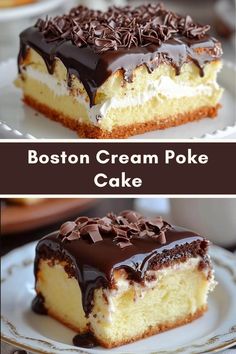 boston cream poke cake with chocolate frosting and sprinkles on the top