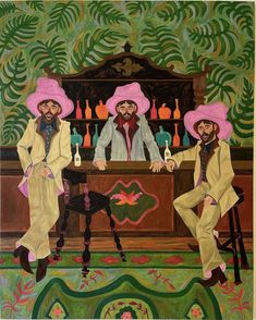 two men in pink hats are sitting at a bar