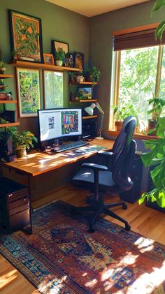 a desk with a computer and plants on it in front of a large window that has sunlight streaming through the windows