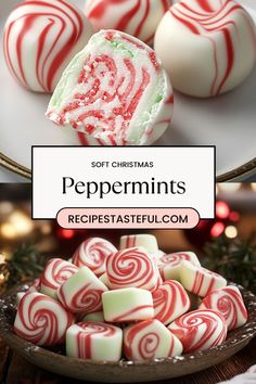 peppermints on a plate with christmas lights in the background and text overlay that reads soft christmas peppermints