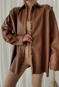 Brown Leather Button Up Shirt Outfit, Brown Button Down Shirt Outfit, Leather Button Up Shirt Outfit, Leather Blouse Outfit, Leather Blouse, Fall Fashion Coats, Chic Winter Outfits, Simple Fall Outfits, Dressy Shirts