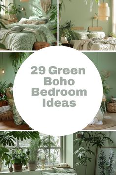 green boho bedroom decor with plants and wicker baskets on the bed in front