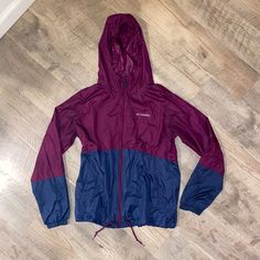 Lightweight Columbia Rain Jacket Never Worn Maroon/ Navy Blue Purple Long Sleeve Windbreaker For Fall, Purple Outdoor Outerwear For Spring, Casual Purple Outerwear For Outdoor Activities, Multicolor Fall Hiking Outerwear, Multicolor Fall Outerwear For Hiking, Multicolor Long Sleeve Outerwear For Hiking, Fall Hiking Purple Outerwear, Casual Purple Outerwear For Hiking, Purple Long Sleeve Outerwear For Outdoor