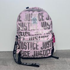 Nwt Justice Backpack Pink With Silver Justice Written All Over Main Book Compartment Has Inside Pocket, Lots Of Room Zipper Pocket On The Outside Bottle Pockets On Both Sides Of Backpack For Drinks Backpack Includes 04 Keychain Silver School Backpack, Silver Standard School Backpack, Silver School Bag With Zipper Closure, Silver Standard Backpack For School, Silver Backpack For Daily Use, Silver Backpack For Back To School, Silver Backpack With Zipper Closure, Silver Backpack For Everyday Use, Silver Standard Backpack For Daily Use