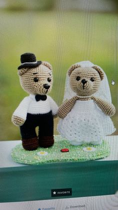 two teddy bears dressed in wedding attire on a computer screen with the caption'crocheted bear couple '