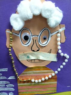 an old man with glasses and pearls on his head is made out of paper mache