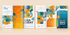 three fold brochure templates with abstract shapes and circles in blue, orange and yellow