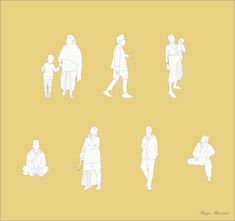 the silhouettes of people walking and sitting in different positions on a yellow background are shown