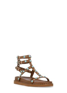 - Brown ASH leather woman's sandals - Round toe - Contrasting color studs details - Three ankle straps with buckleComposition: 100% Calf Leather Sole:, 100% Rubber Summer Leather Sandals With Studs, Leather Sandals With Studs For Summer, Studded Ankle Strap Sandals For Summer, Flat Studded Sandals For Summer, Studded Leather Sandals For Spring, Studded Round Toe Beach Sandals, Studded Round Toe Sandals For Beach, Studded Flat Heel Sandals, Studded Flat Heel Sandals For Spring