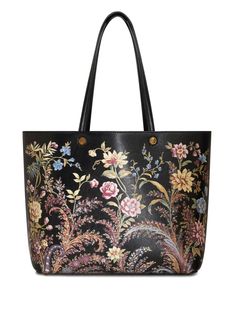 black/multicolour faux leather all-over floral print two long top handles open top main compartment removable pouch Medium Sized Bags, Tote Bag Black, Chanel 2, Summer Beach Wear, Ballet Flat Shoes, Open Top, Print Tote, Black Tote Bag, Printed Tote Bags