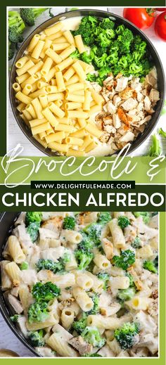 broccoli and chicken alfredo in a skillet with text overlay that says broccoli's chicken alfredo