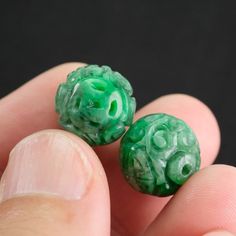 - Top class Imperial Green Natural Jadeite - Pair of All Round Carved Sphere Beads Suitable for pendant or DIY Earrings - Inner Hole Diameter 2.5mm - Grade A Untreated Mined from Burma known as Fei Cui - Photo taken from Real item. Only ONE available. Ready to Ship. - Feel Free to Request Extra Photos Green Gemstone Beads Round Earrings, Jade Earrings With Gemstone Beads, Green Round Gemstone Bead Earrings, Green Gemstone Beaded Round Earrings, Green Polished Bead Earrings, Green Earrings With Polished Round Beads, Spiritual Green Beaded Earrings, Green Jade Gemstone Bead Earrings, Green Jade Earrings With Gemstone Beads