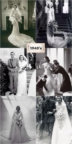 black and white photos of people dressed in wedding gowns, bridesmaid dresses, groom