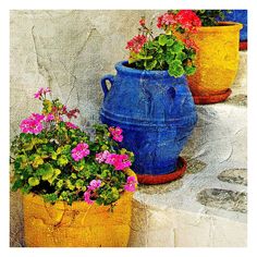 three different colored pots with flowers in them on the side of a stone wall and steps