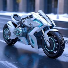 a futuristic motorcycle is driving down the street