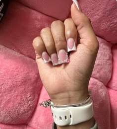 Short French Tip Nails With Charms, Nails With Hello Kitty Charms, Short Set Acrylic Nails, French Tip Acrylics, Acrylic Nail Set, Nails Only