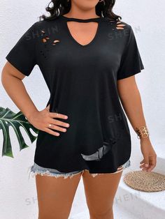 Style:Casual \nDetails:Cut Out \nDetails:Ripped \nSleeve Type:Regular Sleeve \nColor:Black \nPattern Type:Plain \nNeckline:Keyhole Neckline \nSleeve Length:Short Sleeve \nLength:Regular \nFit Type:Regular Fit \nFabric:High Stretch \nMaterial:Fabric \nComposition:95% Polyester \nComposition:5% Elastane \nCare Instructions:Machine wash or professional dry clean \nSheer:No \n Rocker Chic Style Plus Size, Chic Style Plus Size, Rocker Chic Style, Ripped Tee, Upcycle Clothes Diy, Clothes Diy, Rocker Chic, Keyhole Neckline, Upcycle Clothes