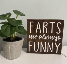 a wooden sign that says farts are always funny next to a potted plant