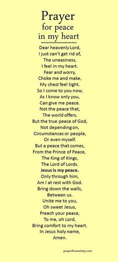 a poem that reads prayer for peace in my heart