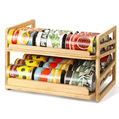 a wooden spice rack with six different types of spices in it and one on the bottom shelf