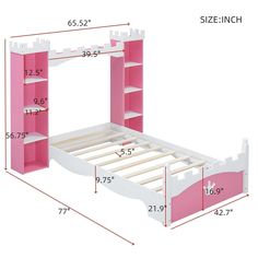 a bed with pink and white furniture measurements for the headboard, foot board, and rails