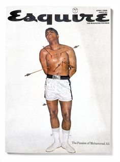 the cover of esqure magazine featuring a man with no shirt and white shorts on