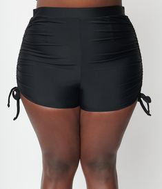 A fabulous set of plus size swim shorts cast in solid black and boasting pull tie hips, an elastic waistband, and mesh lining.This Is Not A Set. Top Sold Separately.Available in sizes XS-3X while supplies last. Vintage Plus Size, Plus Size Swim, Plus Size Black, Black High Waist, Swim Shorts, Unique Vintage, Solid Black, Swimming, Mesh