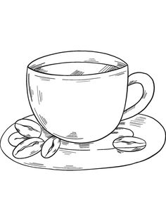 a drawing of a cup and saucer on a saucer with almonds next to it