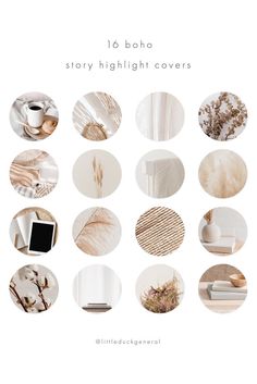 an image of many different types of white and brown things in the same circle, with text that reads to boho story highlight covers