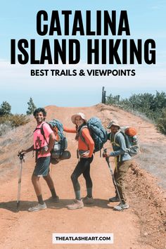 three people with backpacks and hiking poles standing on a dirt road, text reads catalina island hiking best trails & viewpoints