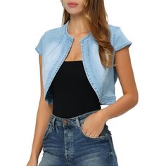 Crop Denim Jean Jacket, Round Neck, Open Front, Collarless, Cap Sleeve, Denim Cardigan. This fashion jacket is suited for casual outdoors, cocktails, parties, weddings, beaches, vacations, dating, and so on. Matching suggestion: match with suspenders, shorts, and shoes, fashionable and handsome; match with long skirts and short skirts, fresh and cute. Wash recommended with cold water/do not bleach/hang or line dry/wash with like colors, that will increase the durability of your clothes. Measurem Cheap Collared Denim Jacket For Summer, Cheap Spring Denim Top With Short Sleeves, Cheap Summer Denim Jacket With Button Closure, Cheap Denim Top With Short Sleeves For Spring, Affordable Short Sleeve Denim Jacket For Fall, Cheap Medium Wash Denim Jacket With Short Sleeves, Cheap Button-up Denim Top With Buttoned Pockets, Cheap Cropped Denim Top For Spring, Indo Western Dress For Girls