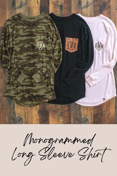 Hello, cold weather! You’ll be ready for cooler weather and chilly nights with our cozy Monogrammed Long-Sleeve Shirt, available in over a dozen different colors and in some amazing prints, such as camo prints and animal prints. Prefer solid colors? Choose between go-with-anything solid neutrals and bright, rich colors. From black long-sleeve shirts to hot pink hues, women have so many options from which to choose in our selection of great styles. Marley Lilly, Black Long Sleeve Shirt, Tunic Styles, Animal Prints, Black Long Sleeve, Rich Color, Cold Weather, Long Sleeve Shirt, Military Jacket